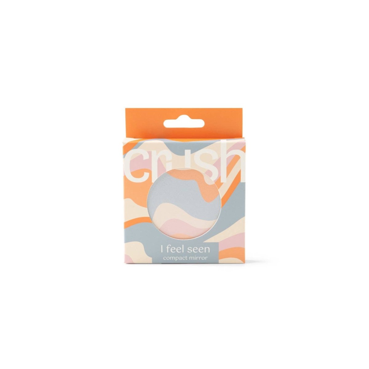 A round Crush I Feel Seen compact mirror with printed design