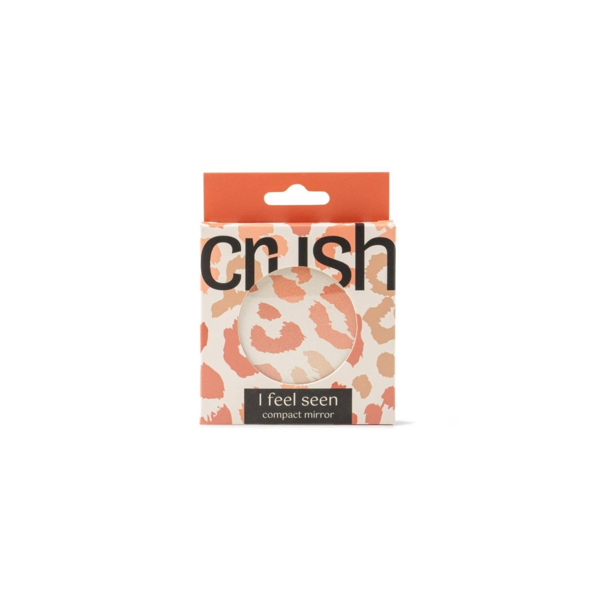 A round Crush I Feel Seen compact mirror with printed design