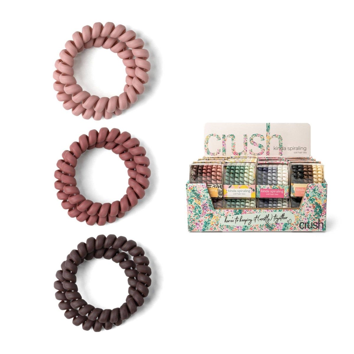 A set of colorful Crush Kinda Spiraling coil hair ties