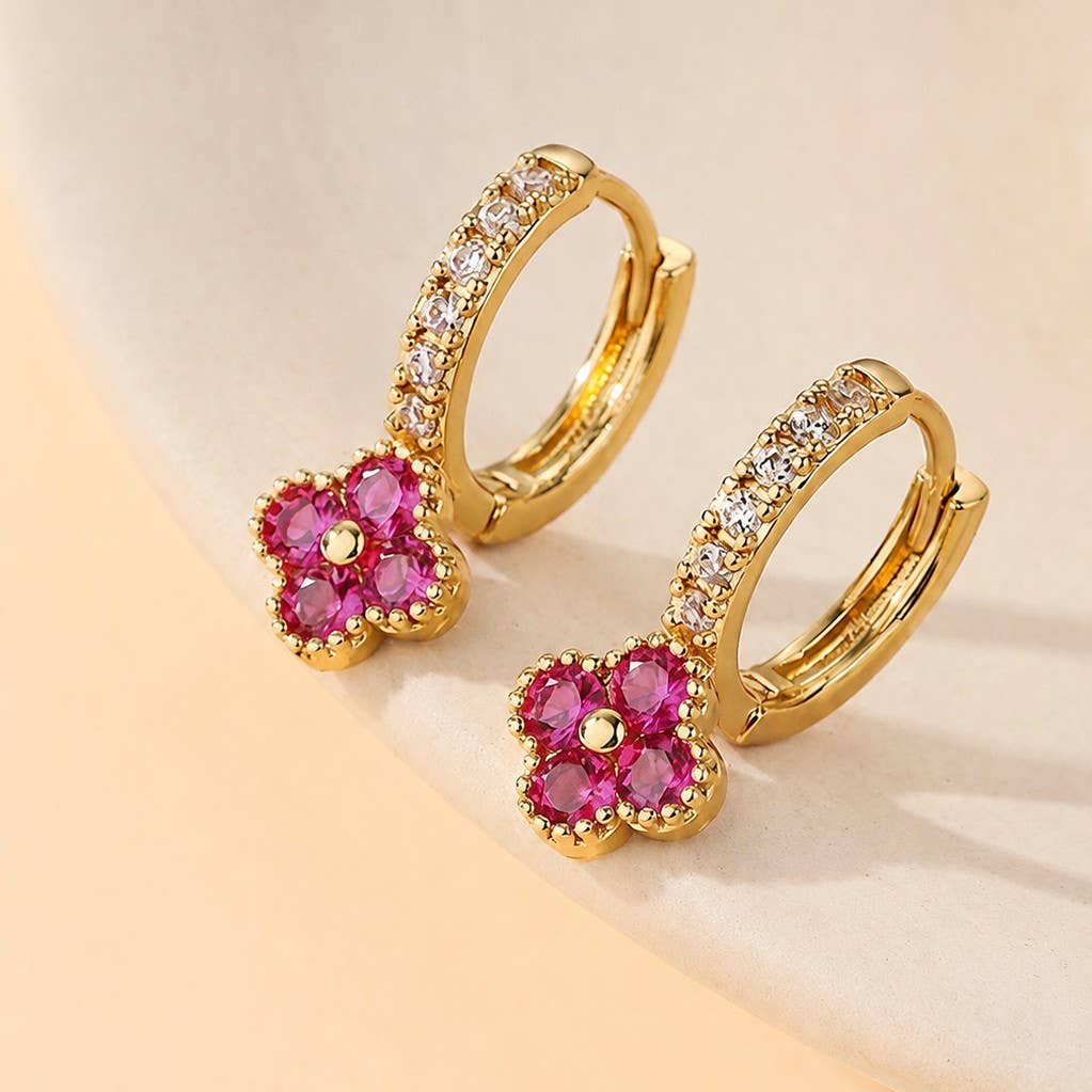 Dainty clover crystal huggie hoop earrings