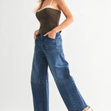 Dark wash barrel jeans with seam detailing and a raw hem