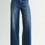 Dark wash wide leg jeans with a raw hem finish