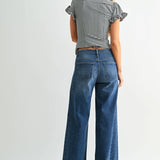 Dark wash wide leg jeans with a raw hem finish