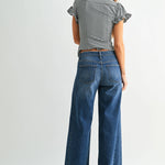 Dark wash wide leg jeans with a raw hem finish