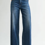 Dark wash wide leg jeans with a raw hem finish