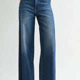 Dark wash wide leg jeans with a raw hem finish