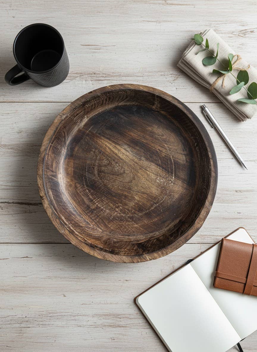 Dark Wooden Bowl 14x14x2.5in - Pages & Parcels