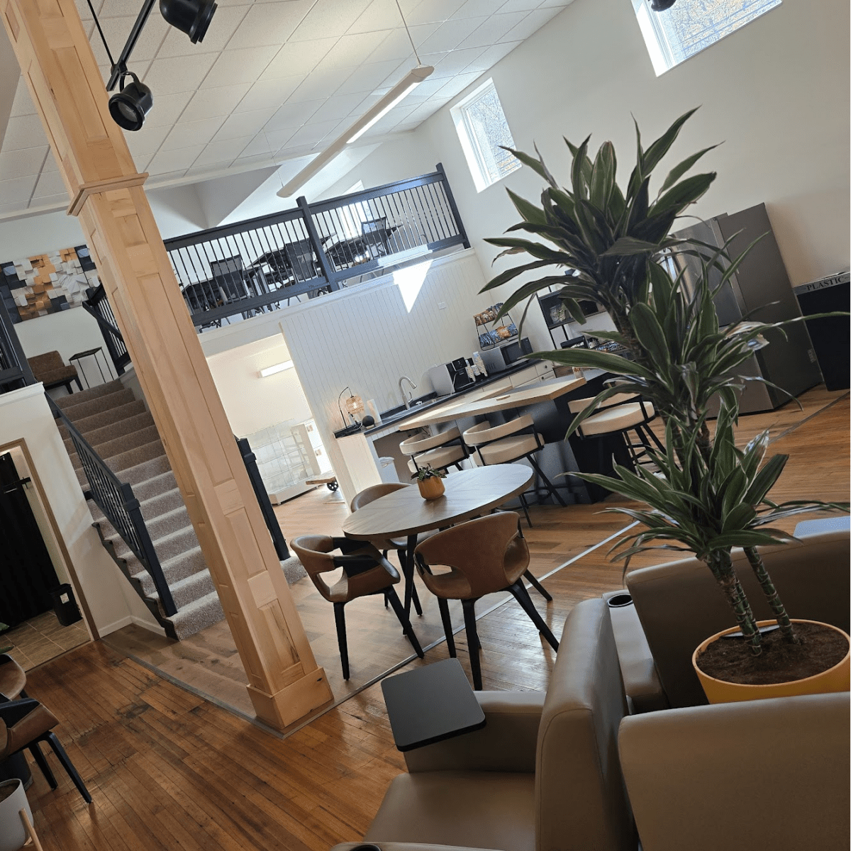 Modern interior with wooden floors, stairs, and a plant in a room.