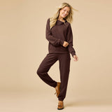 Zip mock neck top and matching pants in a soft heathered fabric