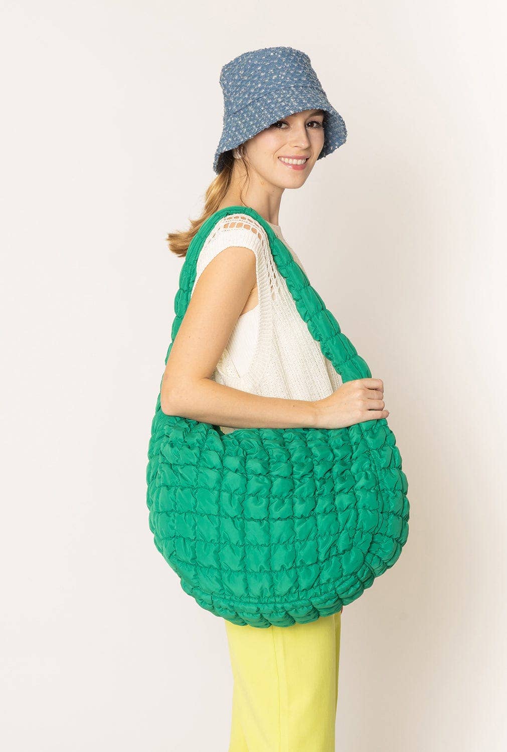 Cora Large Quilted Puffer Tote Bag: Green