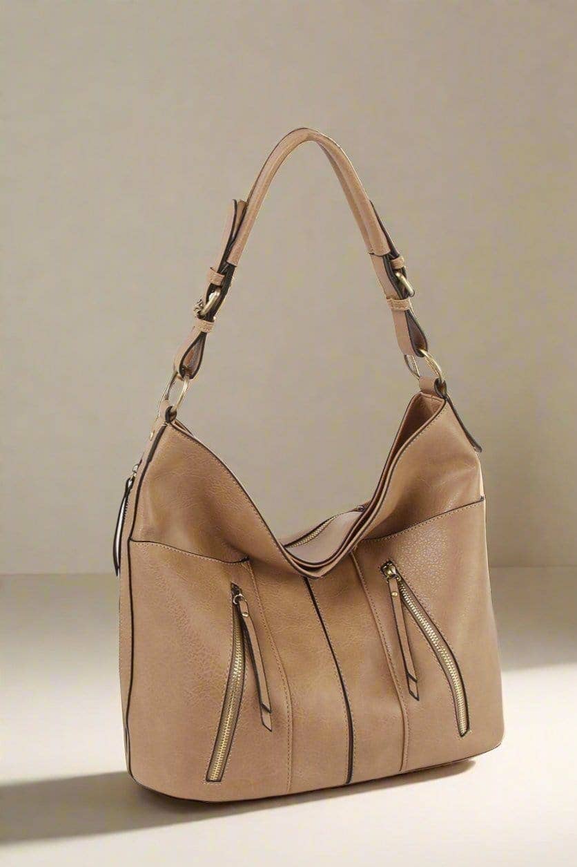 3 Compartment Zipper Detail Women's Hobo Shoulder Bag: Mocha