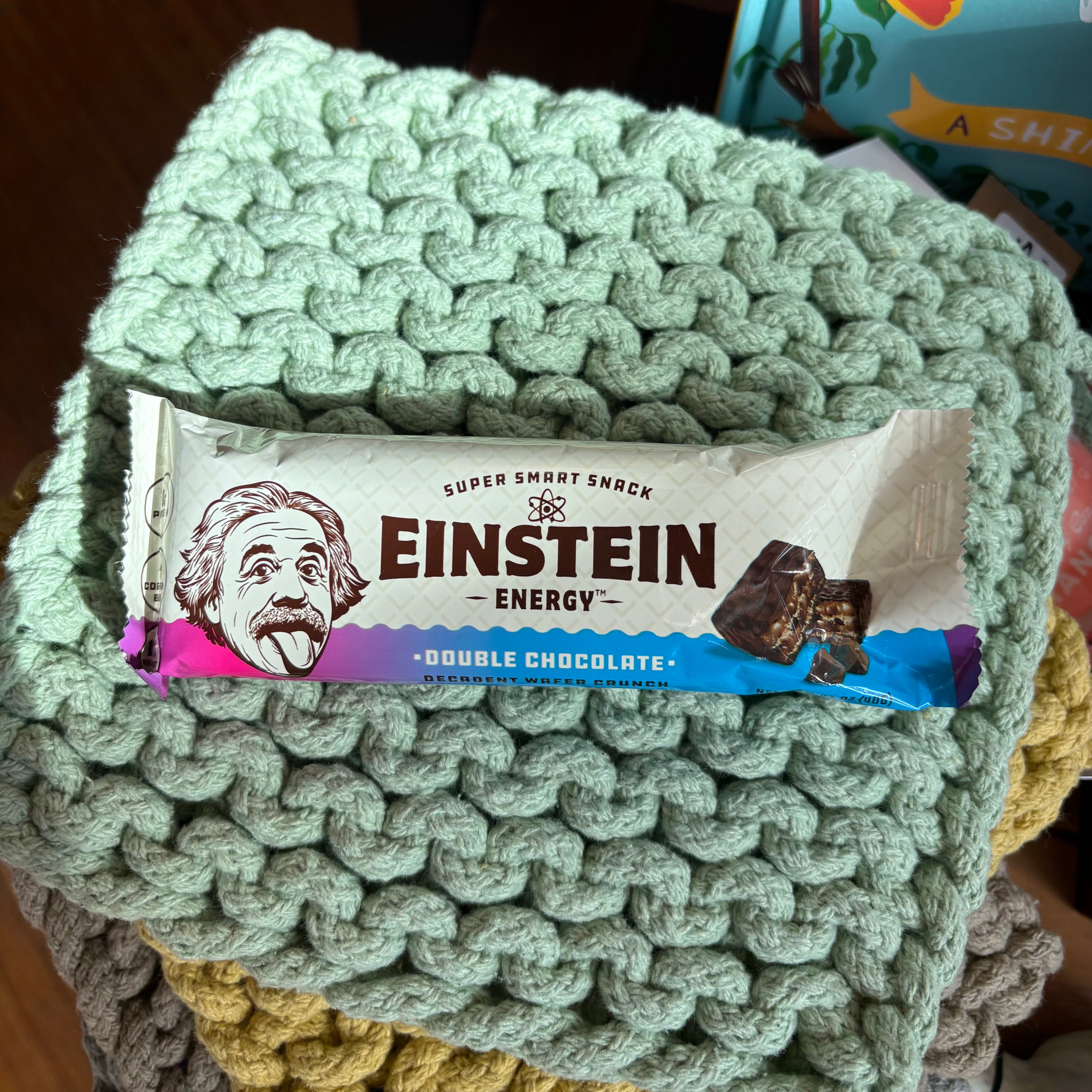 Einstein Energy bar on a knitted blanket