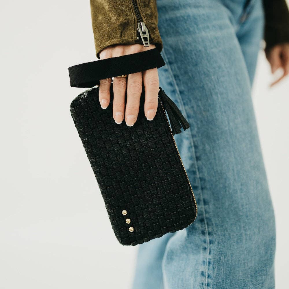 Black woven vegan leather clutch with a wristlet strap