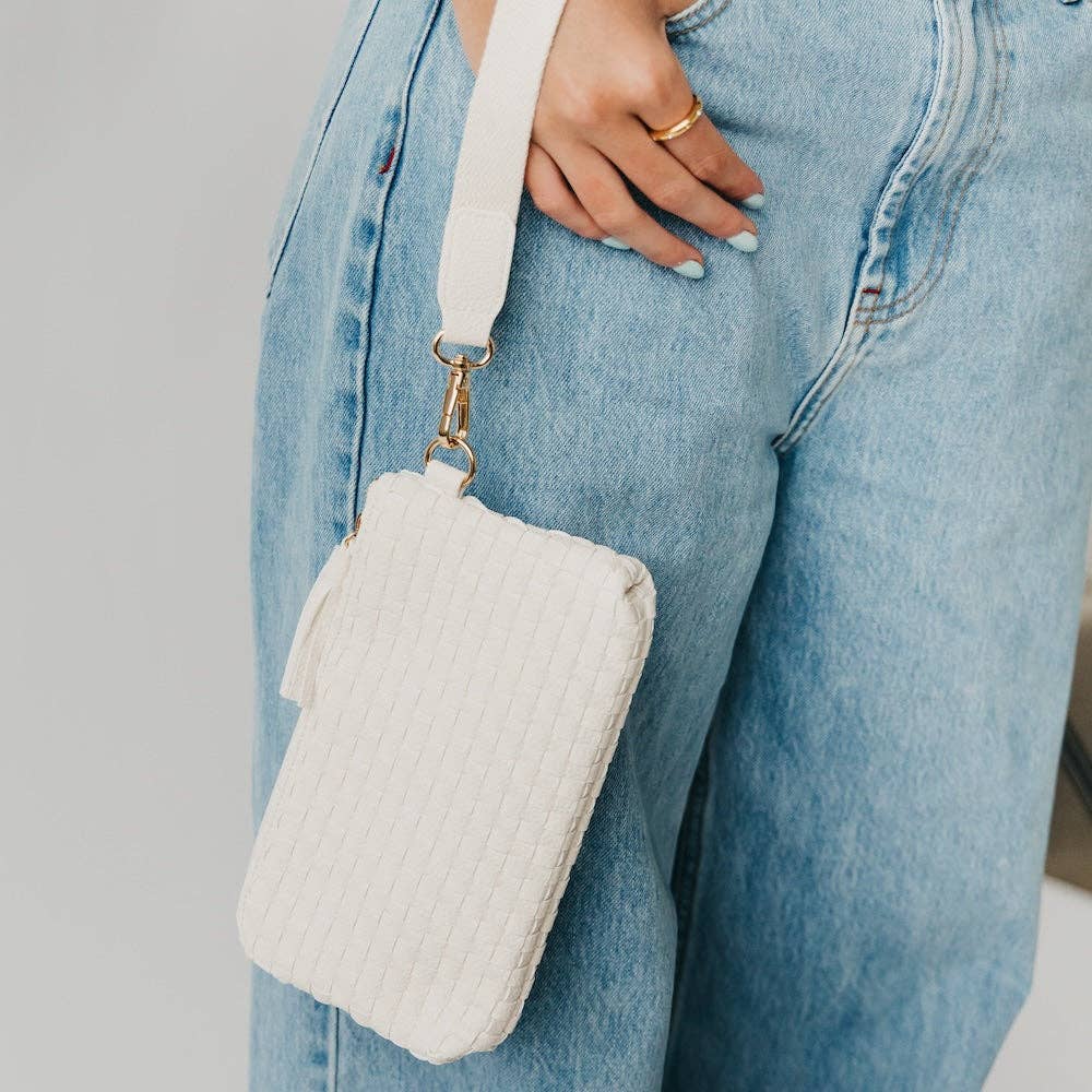 Black woven vegan leather clutch with a wristlet strap