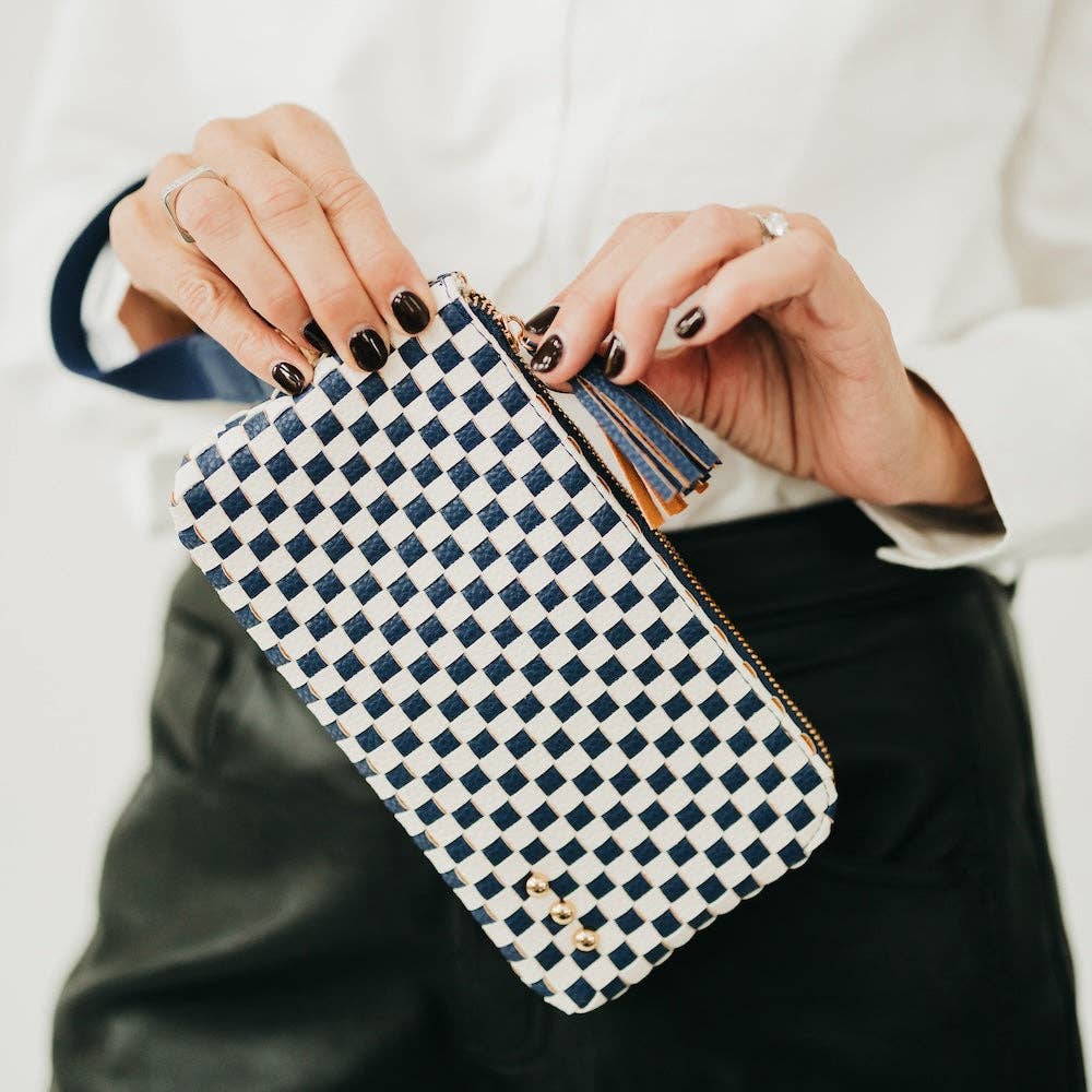 Black woven vegan leather clutch with a wristlet strap