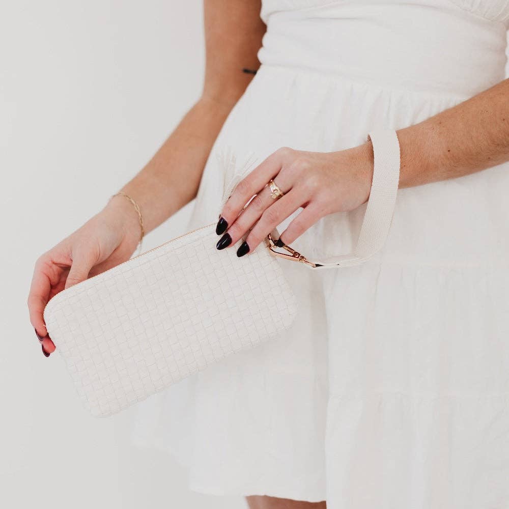 Black woven vegan leather clutch with a wristlet strap