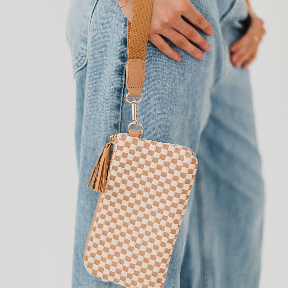 Black woven vegan leather clutch with a wristlet strap