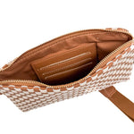 Black woven vegan leather clutch with a wristlet strap