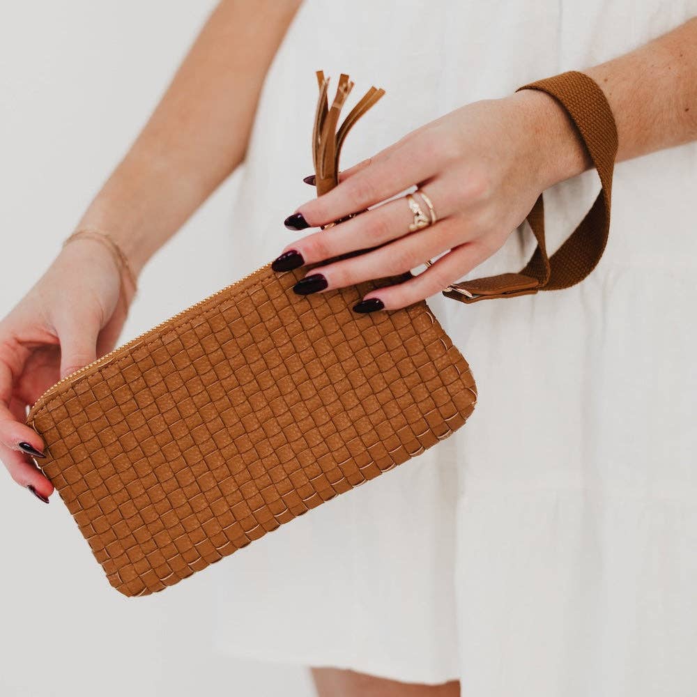Black woven vegan leather clutch with a wristlet strap