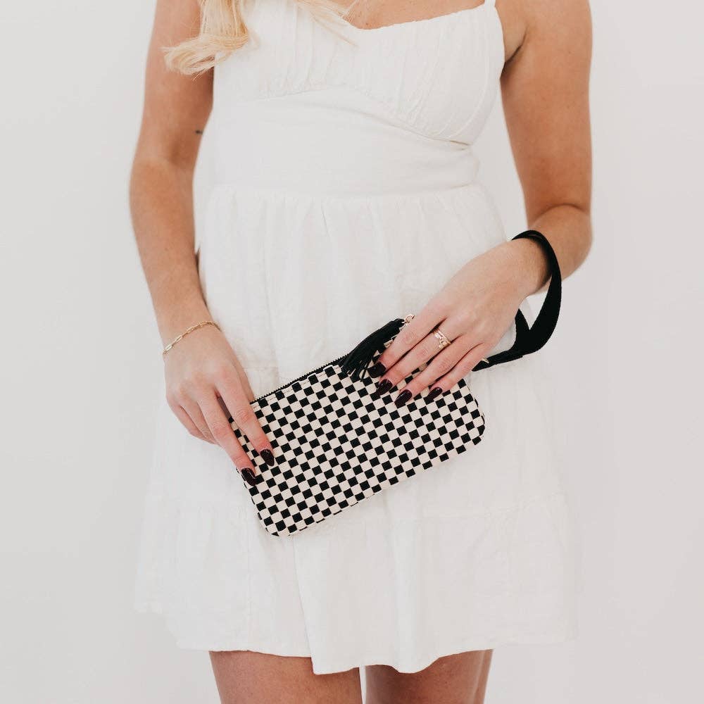 Black woven vegan leather clutch with a wristlet strap