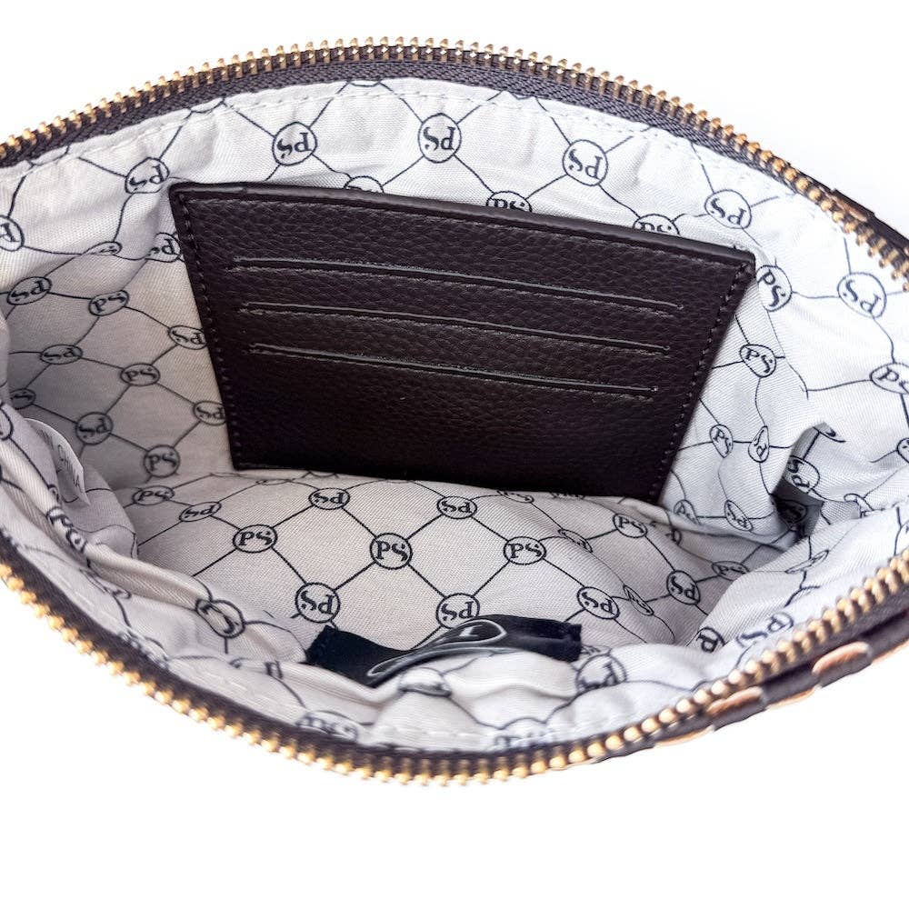 Black woven vegan leather clutch with a wristlet strap