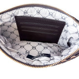 Black woven vegan leather clutch with a wristlet strap