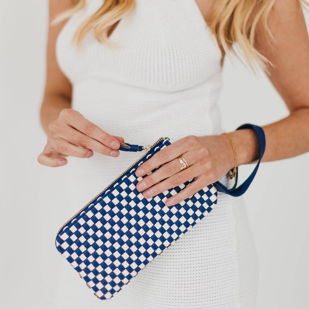 Black woven vegan leather clutch with a wristlet strap