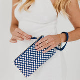 Black woven vegan leather clutch with a wristlet strap