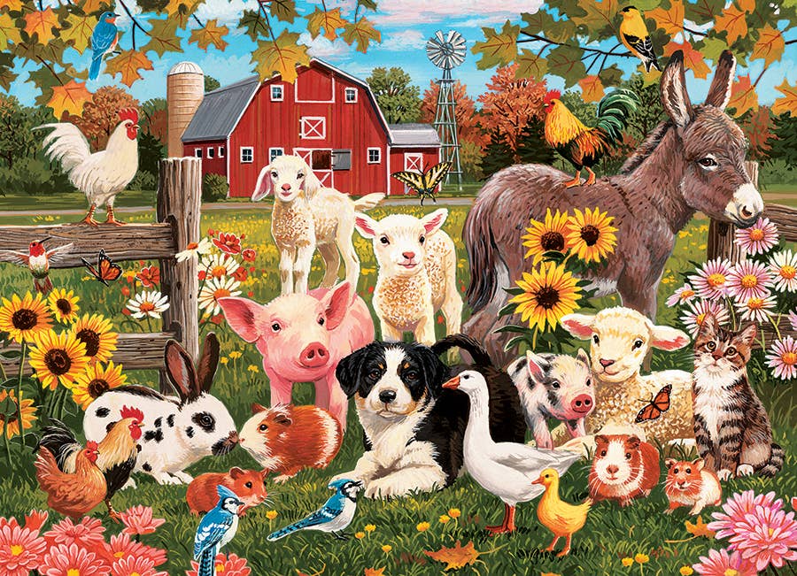 Colorful farm scene with animals and flowers in a field.