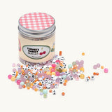 Bead kit with colorful beads and a 'Farmers Market' branded container on a white background