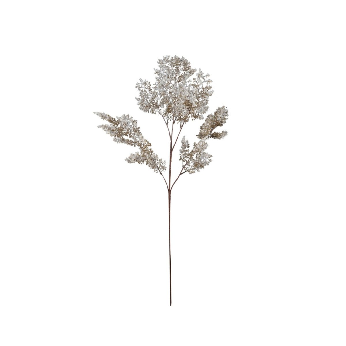 A faux juniper branch in brown with a snow finish