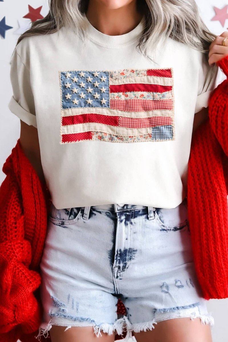 Faux Patchwork Printed US Flag Casual Tee - Pages & Parcels