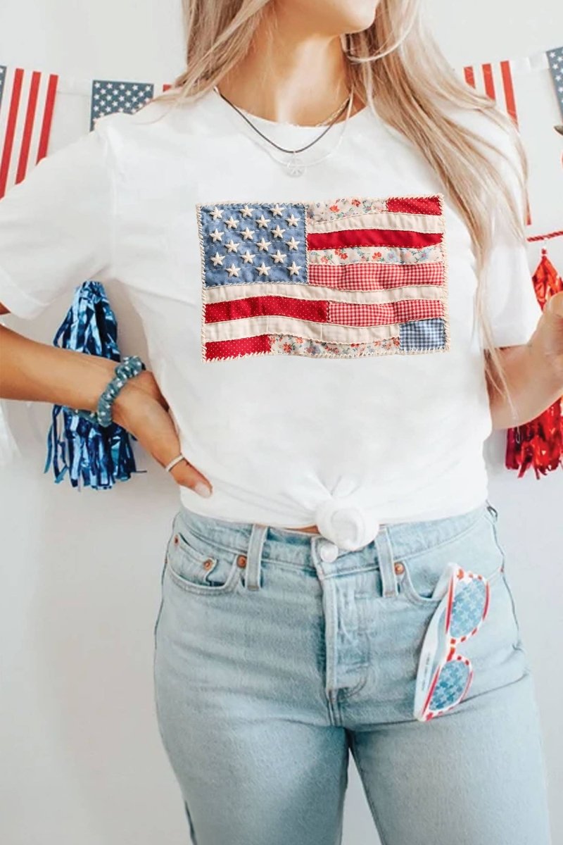 Faux Patchwork Printed US Flag Casual Tee - Pages & Parcels