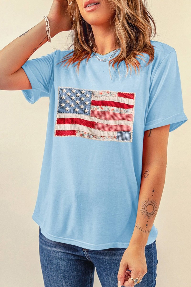 Faux Patchwork Printed US Flag Casual Tee - Pages & Parcels