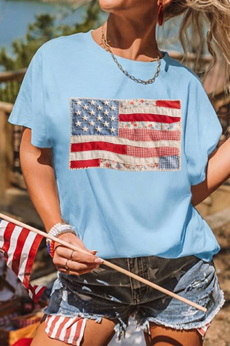 Faux Patchwork Printed US Flag Casual Tee - Pages & Parcels