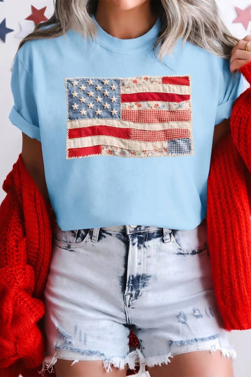 Faux Patchwork Printed US Flag Casual Tee - Pages & Parcels