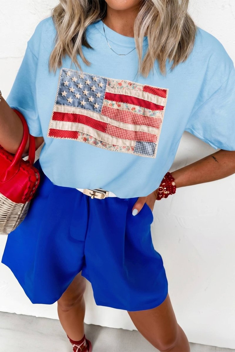Faux Patchwork Printed US Flag Casual Tee - Pages & Parcels