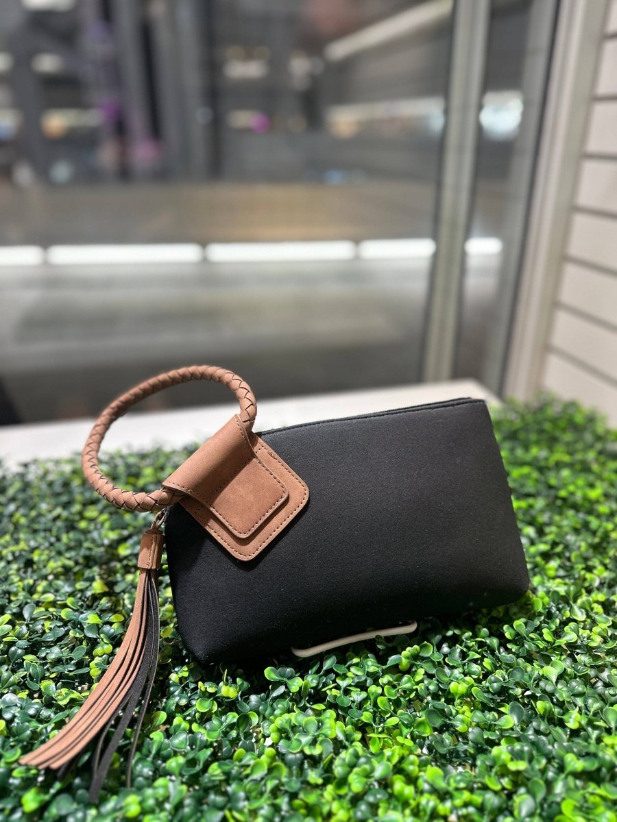 Faux Suede Cuff Handle Tassel Wristlet/Clutch: Black Brown - Pages & Parcels