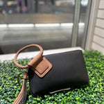 Faux Suede Cuff Handle Tassel Wristlet/Clutch: Black Brown - Pages & Parcels