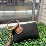 Faux Suede Cuff Handle Tassel Wristlet/Clutch: Black Brown - Pages & Parcels