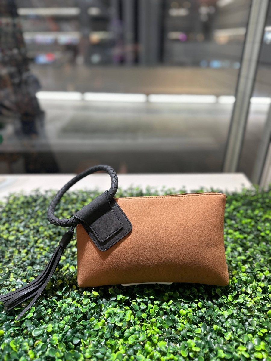 Faux Suede Cuff Handle Tassel Wristlet/Clutch: Black Brown - Pages & Parcels