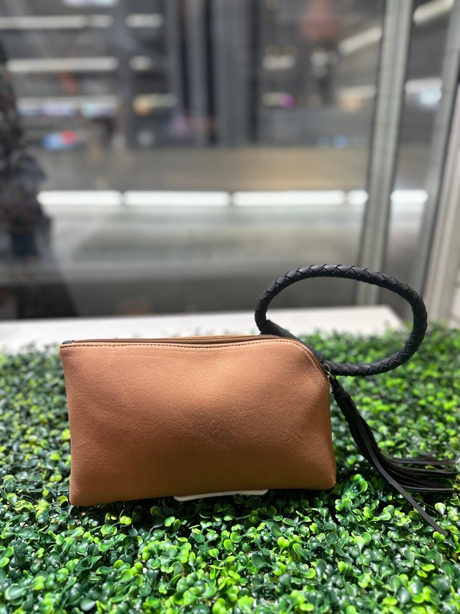 Faux Suede Cuff Handle Tassel Wristlet/Clutch: Black Brown - Pages & Parcels