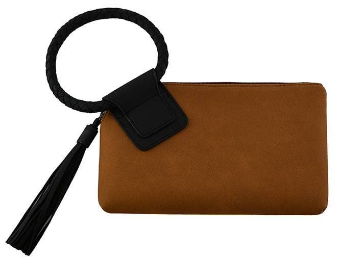 Faux Suede Cuff Handle Tassel Wristlet/Clutch: Black Brown - Pages & Parcels