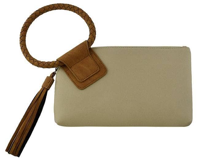 Faux Suede Cuff Handle Tassel Wristlet/Clutch: Black Brown - Pages & Parcels