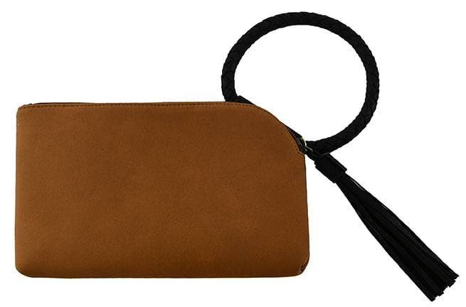 Faux Suede Cuff Handle Tassel Wristlet/Clutch: Black Brown - Pages & Parcels