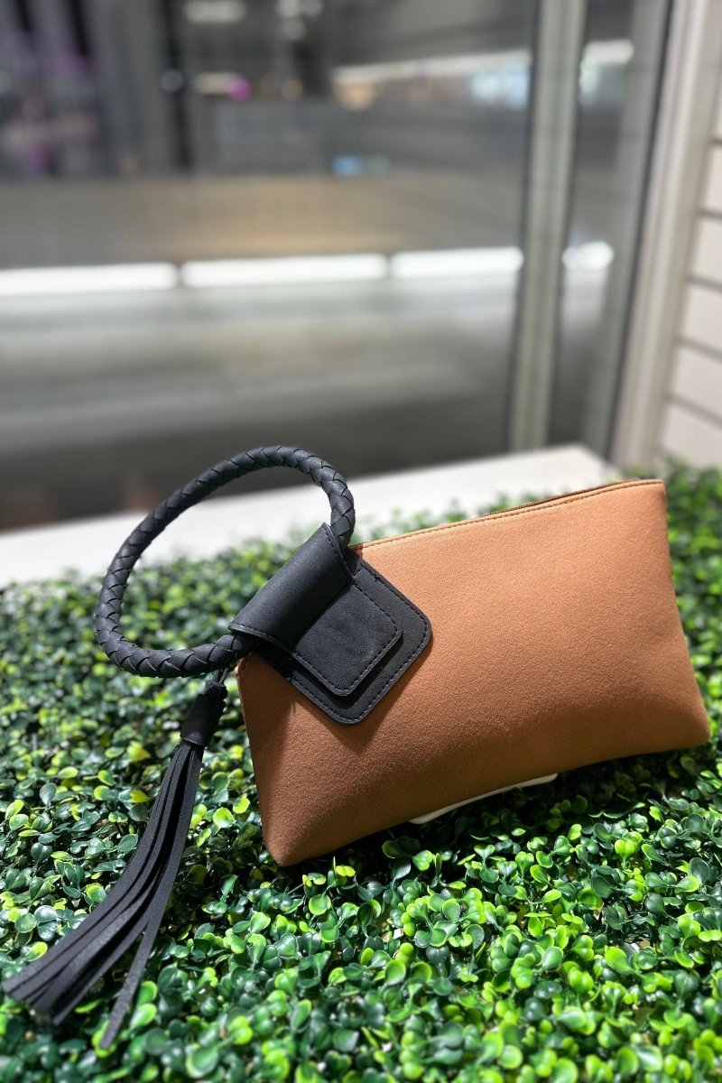 Faux Suede Cuff Handle Tassel Wristlet/Clutch: Black Brown - Pages & Parcels