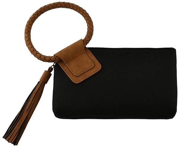Faux Suede Cuff Handle Tassel Wristlet/Clutch: Black Brown - Pages & Parcels