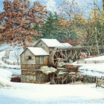 Jigsaw puzzle box for First Snow, featuring the first snowfall at historic Mabry Mill
