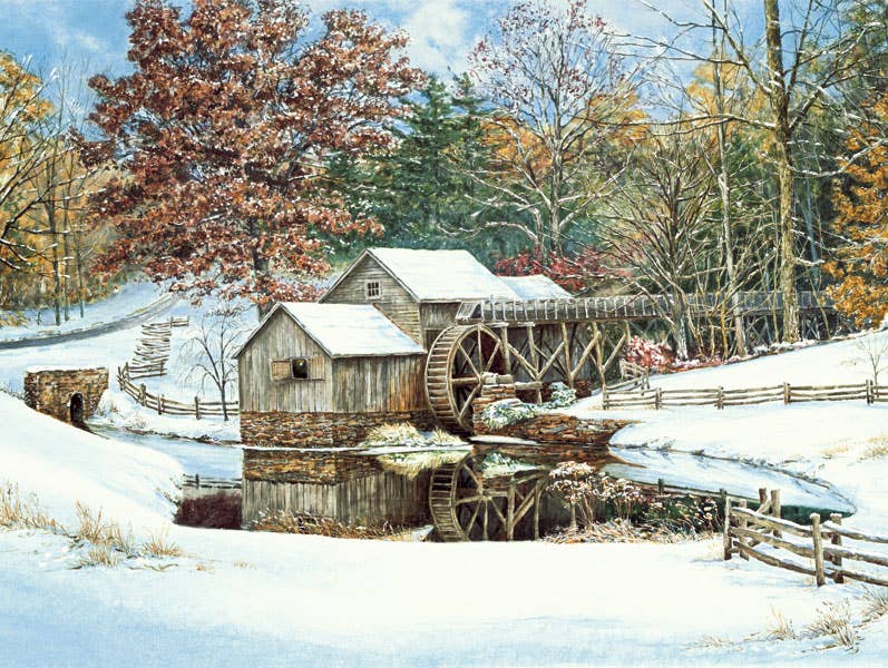 Jigsaw puzzle box for First Snow, featuring the first snowfall at historic Mabry Mill