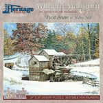 Jigsaw puzzle box for First Snow, featuring the first snowfall at historic Mabry Mill